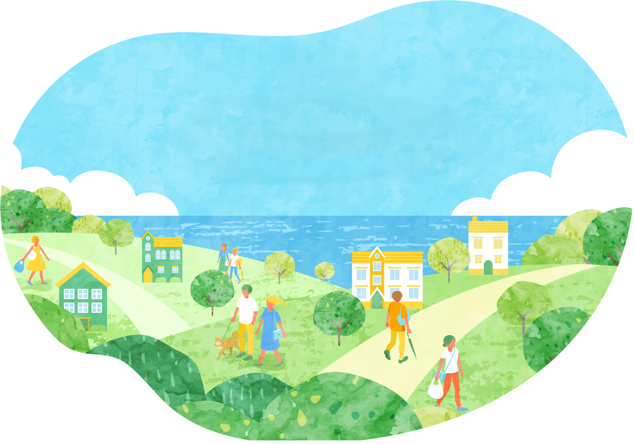 海の見える小さな街を人々が歩くイラスト